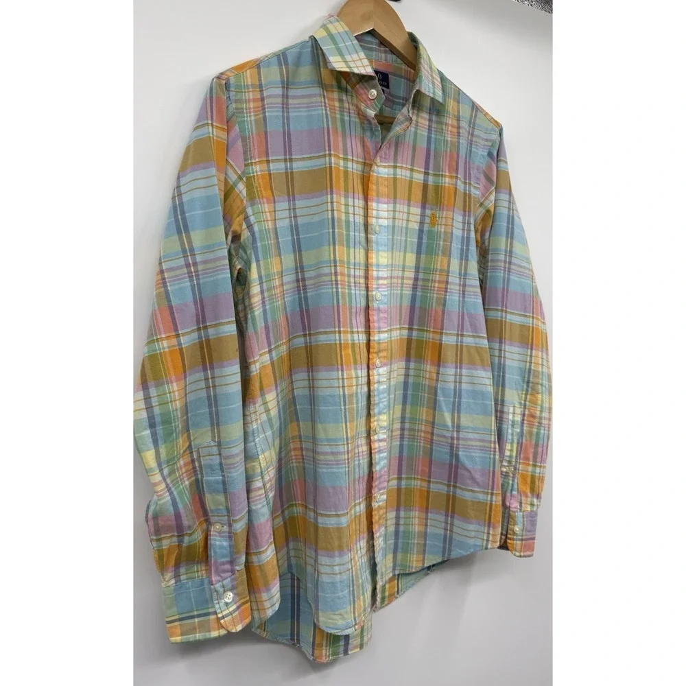 Polo Ralph Lauren Beach Twill Long Sleeve Shirt Men's SZ LG Blue Orange Plaid
